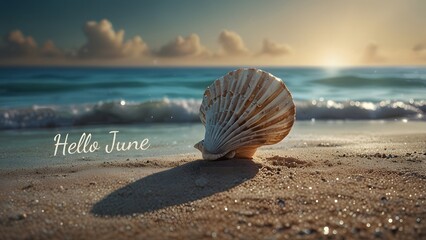 Beautiful seashell on a tropical sandy beach with Hello June text greeting during a golden sunset