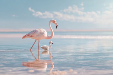 Fototapeta premium Pink flamingo with baby wading in calm shallow water