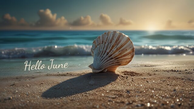 Beautiful seashell on a tropical sandy beach with Hello June text greeting during a golden sunset