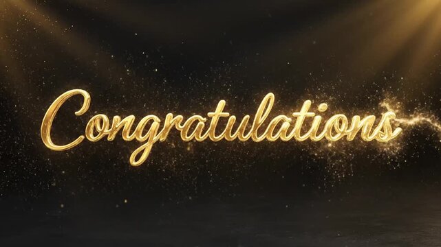Elegant golden "congratulations" text shimmering with sparkling light effects against a dark background, perfect for celebrating achievements, milestones, and special occasions with a touch of luxury 