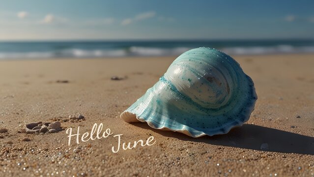 Beautiful 3D render of a teal seashell on a sandy tropical beach with Hello June greeting text for summer season