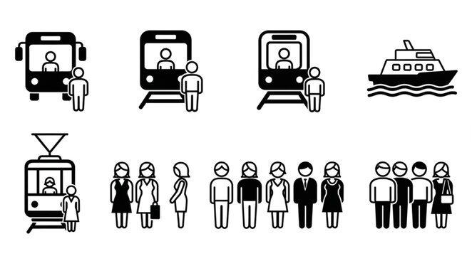 Collection of Public Transportation Icons and People Silhouettes.