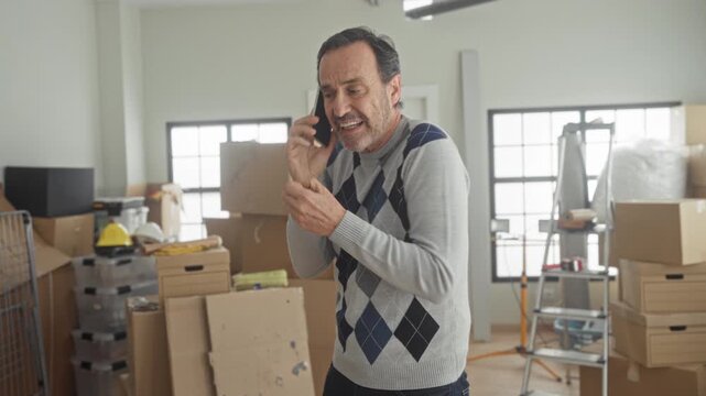 Man talking on smartphone with hands raised among packed cardboard boxes in building showing unpacking and gesture; moving frustration.