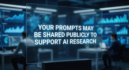 Obraz premium A transparent glass screen displays a message about prompts being shared for AI research against a background of a futuristic control room with data dashboards and workers.