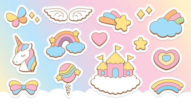 Cute kawaii style cartoon graphic vector set in magical fantasy dream concept