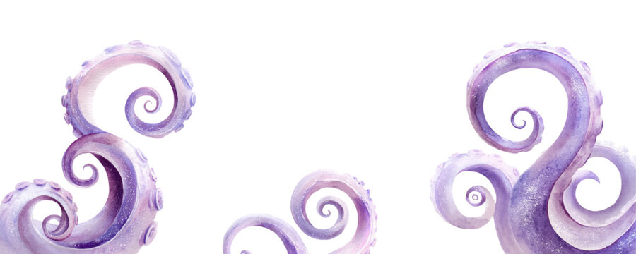 Purple octopus tentacles with suckers swirling in a unique pattern, creating an underwater fantasy creature design, isolated on a white background for marine life concepts