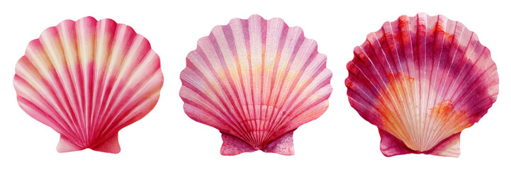 Obraz na płótnie Canvas Hand painted watercolor scallop shells set in varying shades of pink and orange, featuring detailed oceanic artwork for decorative designs and marine concepts
