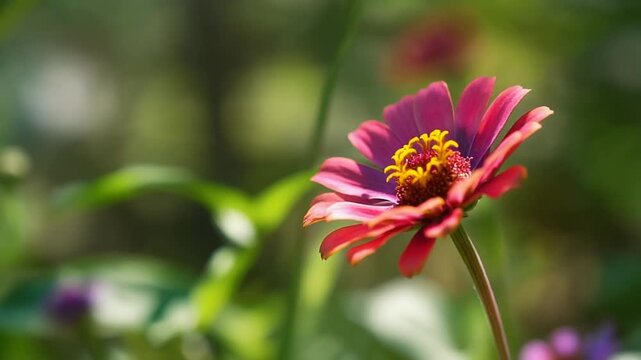Close-up of a vibrant pink and purple zinnia flower blooming in a garden, featuring a bright yellow and orange center with a soft bokeh blurred green background in summer.