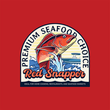 Detailed red snapper fish jumping from water in a circular retro emblem for premium seafood choice