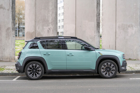 Nancy, France - March 23rd 2026 : View on a green Renault 4 E-Tech in Iconic version finished in green Hauts-de-France parked on a street.