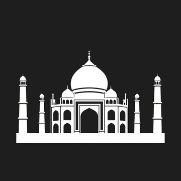 Taj Mahal silhouette on a black background, iconic Indian landmark.
