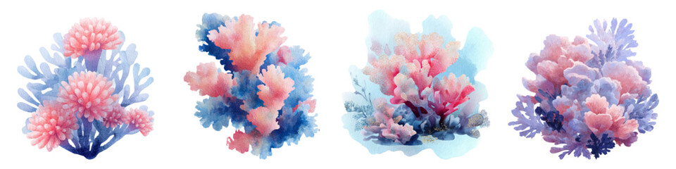 Fototapeta premium Watercolor coral reef collection featuring vibrant underwater ocean life and marine biology elements in soft pastel pinks and blues, creating a delicate sea environment