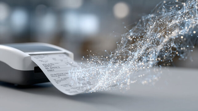 Receipt Emerging from Payment Terminal Transforming into Soft Glowing Data Lines

