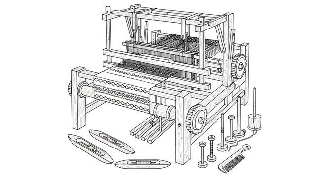 Traditional handloom weaving setup with shuttle, heddles, and fabric in progress.