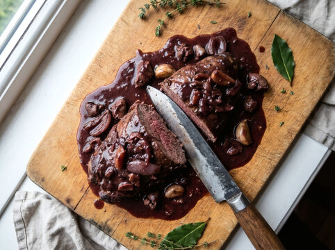 Salmis de Palombe Wild Pigeon Stew Sliced on Rustic Wooden Board