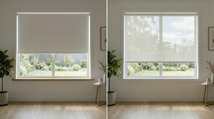 Fototapeta premium Modern interior design showcasing two windows side by side, offering a dual perspective of indoor and outdoor ambiance. One window has blinds completely down, creating a sense of privacy.