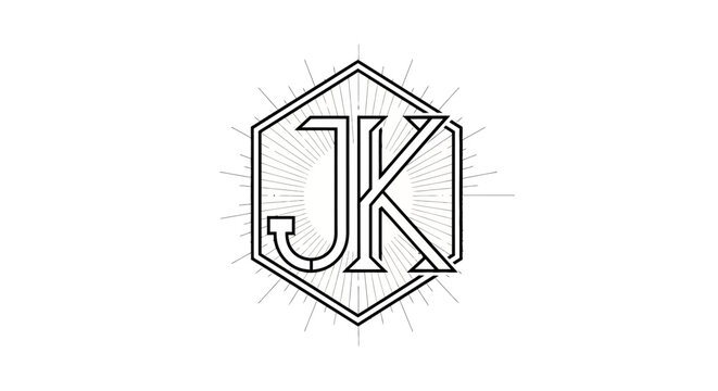 Stylized JK monogram logo in hexagonal frame with radiant lines
