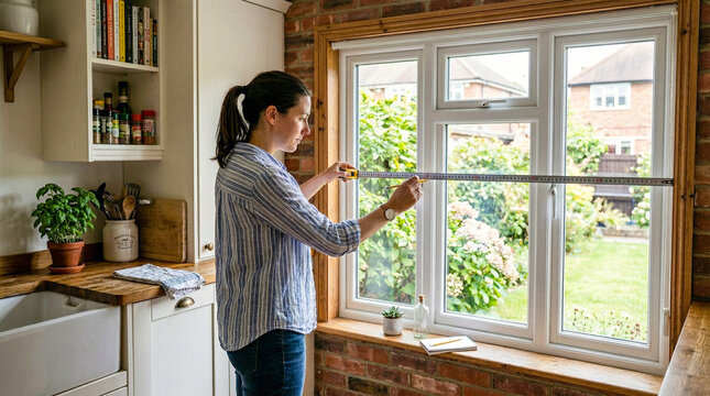A woman meticulously measures a window in a cozy kitchen, capturing the essence of home improvement and domesticity.