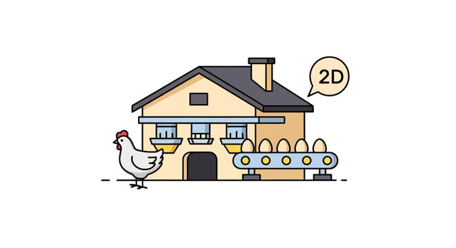 Cartoon chicken standing next to house.