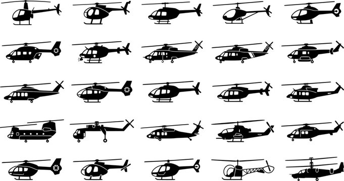 Minimalist black helicopter icons on dark background
