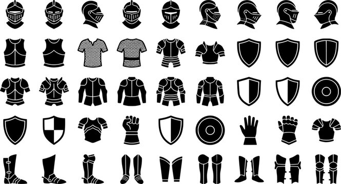 Medieval knight armor icons set in black and white silhouettes
