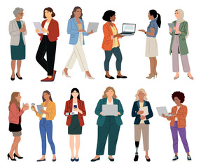 Obraz premium Diverse Professional women walk confidently through offices or meetings. Each person holds documents, laptops, or tablets. Their expressions show focus, determination, or casual engagement