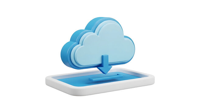 A cloud icon downloads data into a smartphone on a flat surface in a modern tech environment.