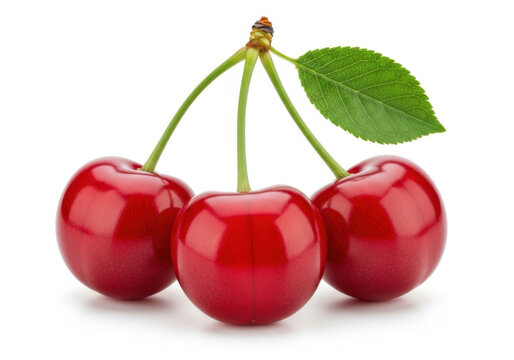 Three ripe cherries with a green leaf