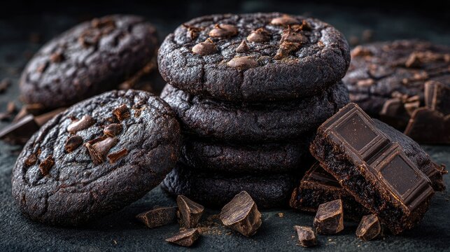 Rich and Decadent Chocolate Cookies Stacked on Dark Background with Chocolate Chunks and Pieces, Perfect for Dessert and Baking Inspiration