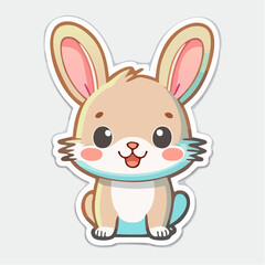 Obraz premium A cartoon rabbit sticker with big eyes and a cheerful expression sits on a plain white background, showcasing a playful and cute design with vibrant colors and bold lines.