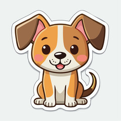 Fototapeta premium A cute cartoon dog sticker with brown and white fur, sitting and looking forward with a friendly expression on a white background.