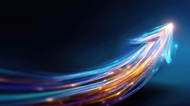 Futuristic abstract arrow design with vibrant light trails indicating progress and upward movement in a dark background for business concepts