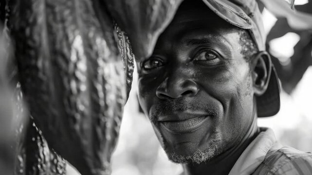 A man working in a field picking crops, possibly cocoa beans or bananas, engaged in agriculture and farming. Rural setting with natural surroundings.