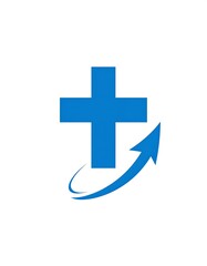Fototapeta premium A medical symbol in bright blue featuring a cross with an upward curving arrow, on a plain white background