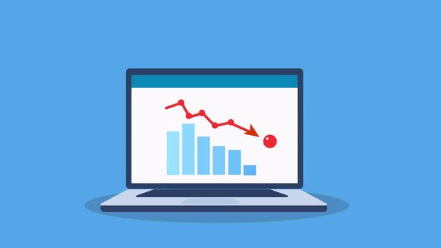 Flat animated video of a laptop displaying declining analytics charts with AI robot, warning symbol, and error icon, representing business loss, data issues, and negative performance.