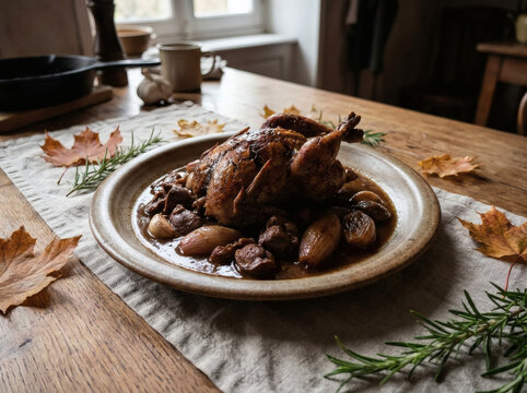 Salmis de Palombe Roasted Pigeon Stew in Rustic Hunter Lodge