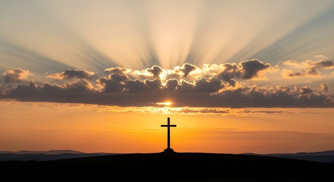 Religious Cross Silhouette on Hilltop at Sunset with Golden Sky isolated PNG with Transparent Background
