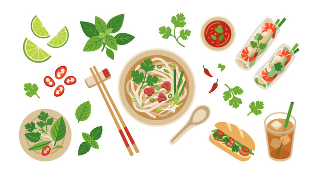 A flat design illustration showcasing various popular Vietnamese foods and ingredients including pho, banh mi, spring rolls, limes, herbs, and chilies on a white background.