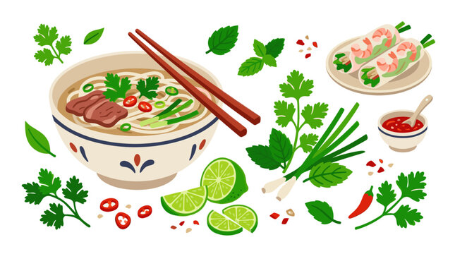Vibrant flat illustration of Vietnamese pho soup ingredients like beef, noodles, herbs, chili, lime, and spring rolls with dipping sauce.