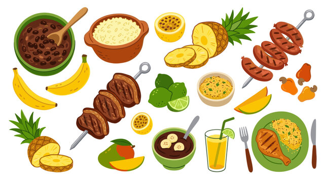 A vibrant collection of Brazilian cuisine staples including grilled meats, rice, beans, fruits, and drinks, rendered in a charming flat illustration style on a white background.