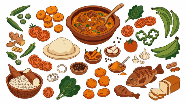 Collection of hand-drawn African food dishes and ingredients including stew, fish, chicken, plantains, okra, yams, and spices arranged on a white background.