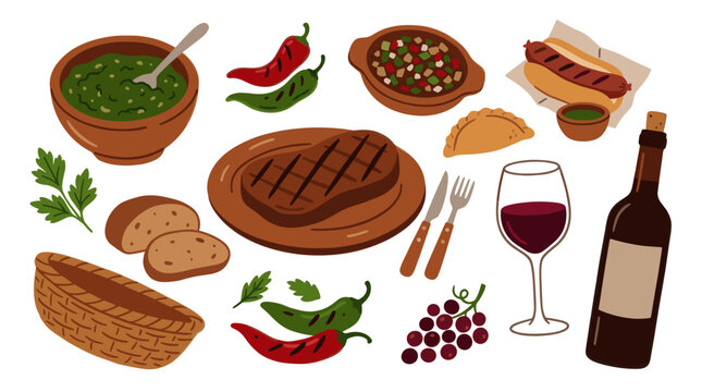 A vibrant collection of illustrated elements representing an Argentine asado, featuring grilled steak, chimichurri, empanadas, hot dogs, wine, and bread.