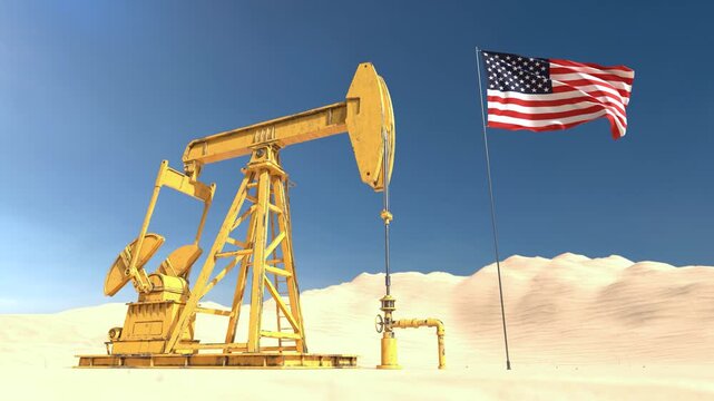 USA oil field pumpjack with waving American flag in the desert. 3D Render