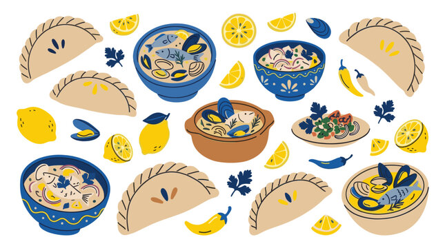 A whimsical, flat design illustration featuring a variety of Latin American dishes like empanadas, ceviche, and seafood stews, with lemons and peppers for a vibrant, playful feel.