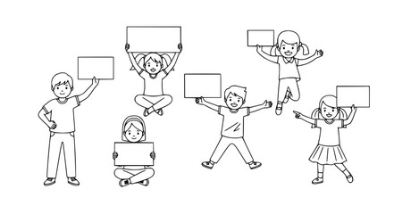 Fototapeta premium Kids Holding Blank Cards Vector Set with Different Poses Standing Sitting Jumping