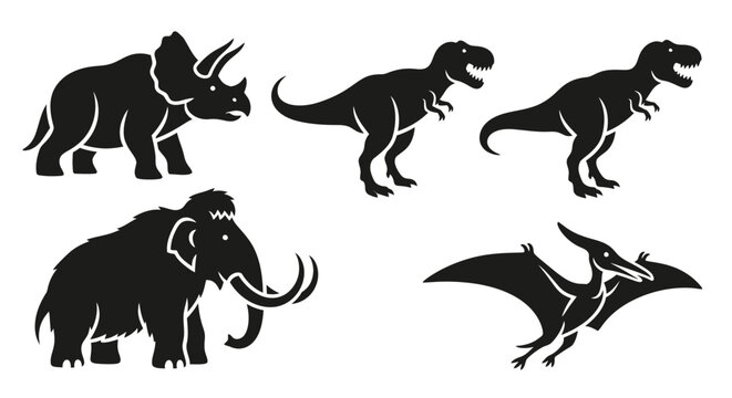 Prehistoric Animals Silhouettes Set: Dinosaurs, Mammoth, and Pterodactyl Vector Icons