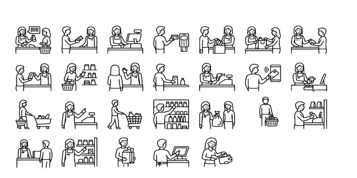 icon liner collection of supermarket shopping scenes including customers, cashiers, checkout counters, grocery baskets, mobile payments, and shelves with retail products.