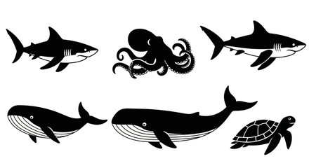 Obraz premium Sea Animals Silhouettes Collection: Shark, Whale, Octopus, and Turtle Marine Life Icons