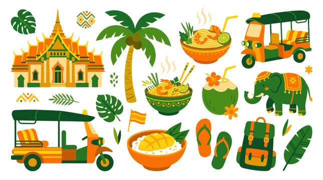 Flat design illustration of iconic Thailand elements including a temple, palm tree, tuk tuks, elephant, tropical food and plants, perfect for travel themes.