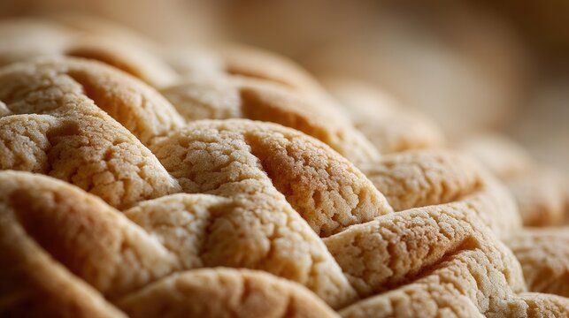 Close-up of Freshly Baked Crusty Bread with a Detailed Texture Highlighting the Beautiful Patterns and Warm Golden Brown Color of Artisan Loaf